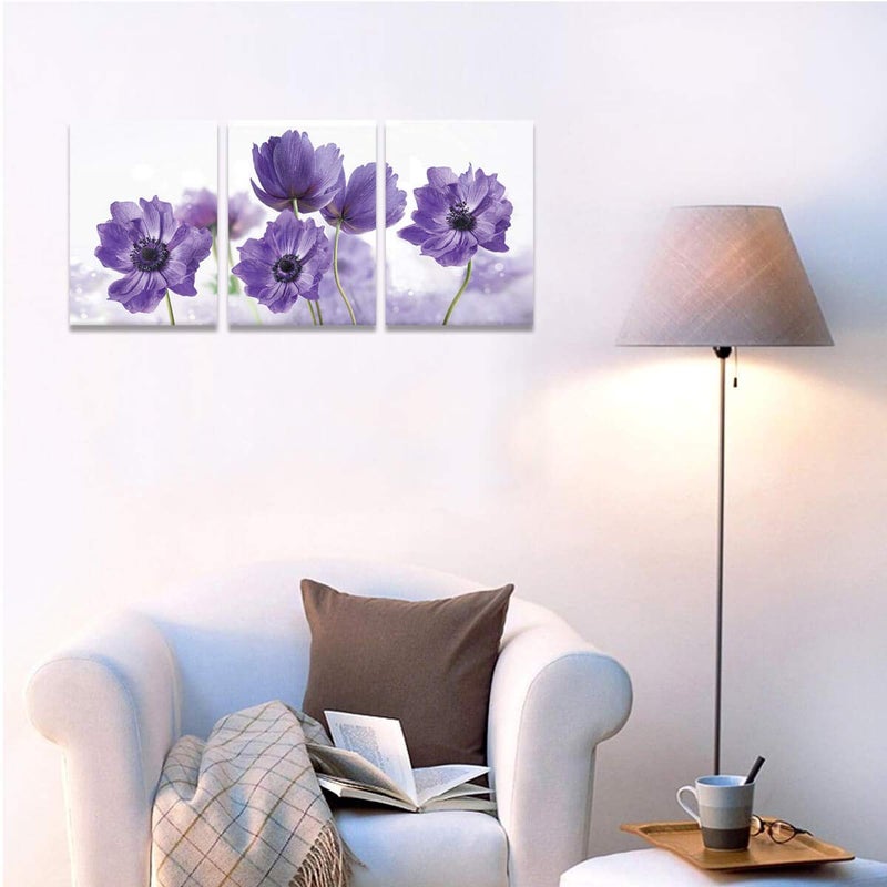 KAKEMONO 3 Piece Canvas Wall Art Set: Purple Flower Bloom Close Up Prints on Wooden Wrapped Canvas, Modern Minimalist Artwork for Bedroom, Kitchen, Living Room, Office - Image 4